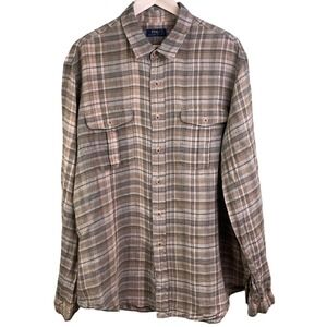 Polo Ralph Lauren LINEN Earth Tones Plaid Long Sleeve Preppy Safari Size XXL